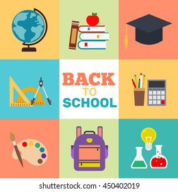 back to school supplies icons  set  in flat style