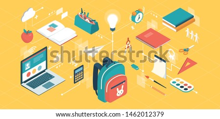 Back to school supplies and kids creativity concept, network of isometric vector icons