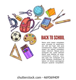 Back to School supplies and learning equipment or office accessories for poster design. Vector illustration