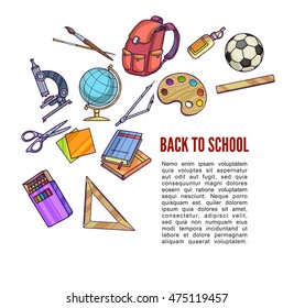 De vuelta a la escuela suministros y equipo de aprendizaje o accesorios de oficina para el diseño de afiches. Ilustración del vector