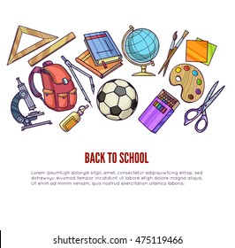 De vuelta a la escuela suministros y equipo de aprendizaje o accesorios de oficina para el diseño de afiches. Ilustración del vector