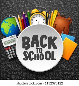 Back to School with school supplies on the blackboard