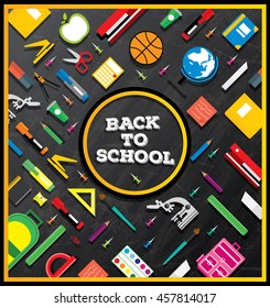 Back to school. School supplies on blackboard background. Vector illustration. Banner with Copy Space.