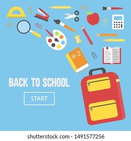 Back to school, School supplies on blue background, vector illustration