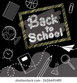 Back to school. School supplies on the chalkboard background, education concept.