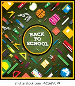 Back to school. School supplies on green chalk board background. Vector illustration. Banner with Copy Space.