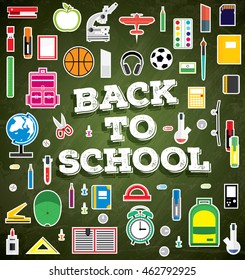 Back to school. School supplies on green chalk board background. Vector illustration. 