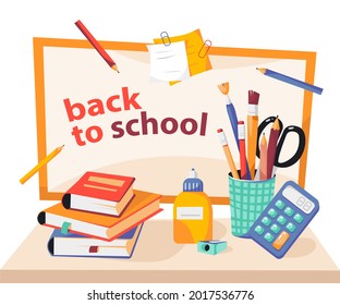 Back to school. School supplies on the table: books, pencils, brushes, glue, sharpener, stickers. A school blackboard. Vector illustration.
