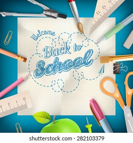 Back to school - School supplies over blue with copyspace. EPS 10 vector file included