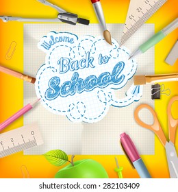 Back to school - School supplies over orange with copyspace. EPS 10 vector file included