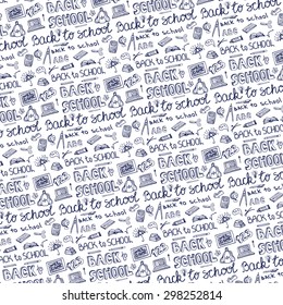 Back to School Supplies pattern Background.Doodles Sketchy Notebook  with Lettering and Hand Drawing icons.Vector Illustration .Blue Ink Design Elements on white Background.Teachers day