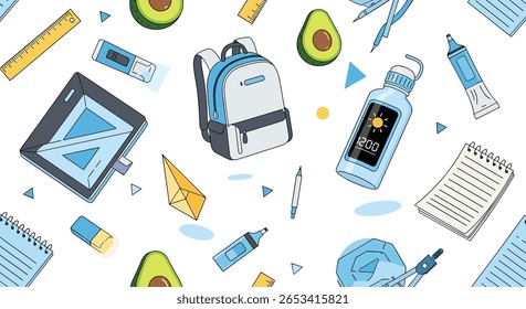 Back to school supplies pattern featuring backpack avocado ruler and stationery elements