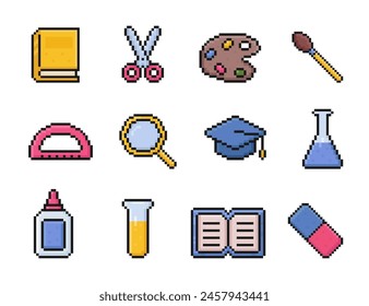 back to school supplies pixel art icon set, university, education items, 8 bit, 80s, 90s, book, scissors, brush, art palette, protractor, graduation hat, magnifying glass, flask, glue, eraser