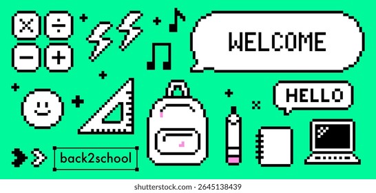 Back to school supplies pixelated icons on green background. Retro game 8 bit pixel art education icon set. Backpack icon, laptop, music notes, pencil and notebook. Speech bubble text Welcome, Hello