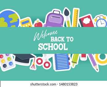 Back to school, School supplies poster template, vector illustration