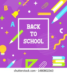 Back to school, School supplies poster template, vector illustration