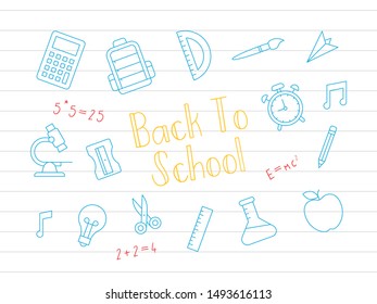 Back to school, school supplies poster template, vector illustration