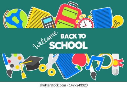 Back to school, school supplies poster template, vector illustration