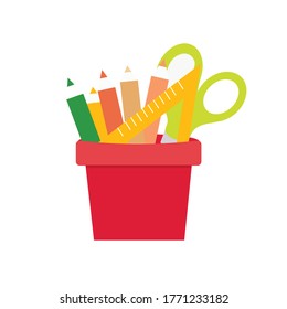 
Back to school. School supplies ruler, scissors, pencils in a glass or pot.
Vector illustration in a flat style on a white background.