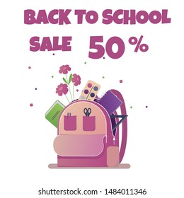 Back to school supplies sale banner vector design in white background with school items and objects for store discount promotion,