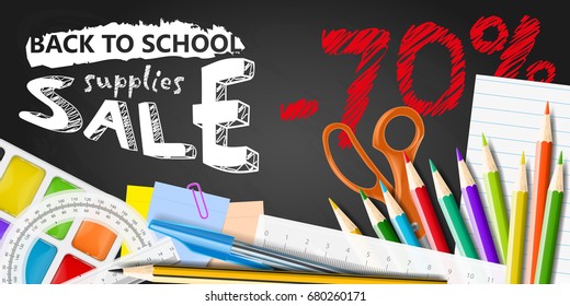 Back to School supplies sale with great discount offer ad flyer, shopping vector illustration of chalkboard, pencil, pen, scissors, rulers and other stationery equipment for advertising design