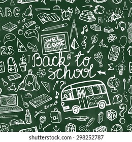 Back to School Supplies  Seamless pattern.Doodles Sketchy Notebook  with Lettering and Hand Drawing icons.Vector Illustration chalk Design Elements on green  chalkboard Background.Teachers day