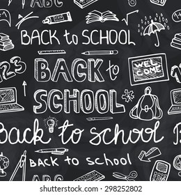 Back to School Supplies  Seamless pattern.Doodles Sketchy Notebook  with Lettering and Hand Drawing icons.Vector Illustration chalk Design Elements on blackboard Background.Teachers day