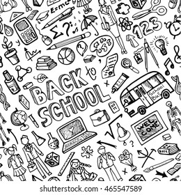 Back to School Supplies seamless pattern.Vector hand drawn Doodles lettering ,peoples,students.S?hool themed.Illustration ink Design Elements ,Sketchy outline Background.Teachers day