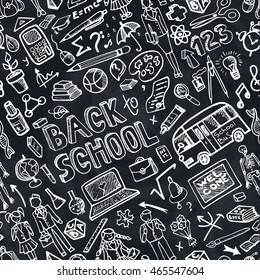 Back to School Supplies seamless pattern.Vector hand drawn Doodles lettering ,peoples,students.S?hool themed.Illustration ink Design Elements ,Sketchy Chalkboard Background.Teachers day