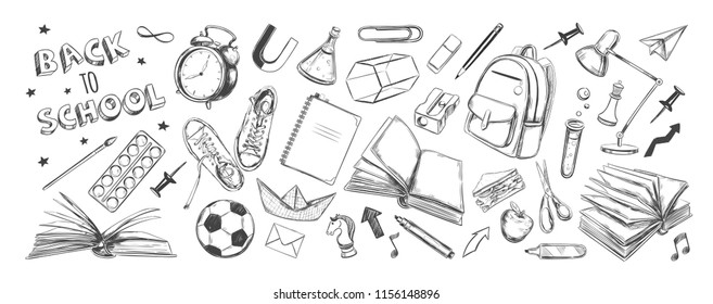 Back to school Supplies set banner. Isolated vector objects in sketch style