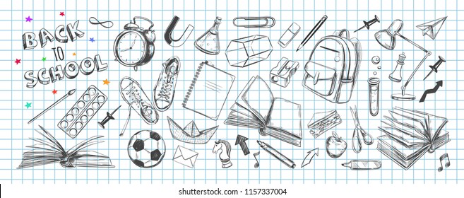 Back to school Supplies set banner. Isolated vector objects in sketch style