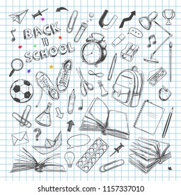 Back to school Supplies set banner. Isolated vector objects in sketch style