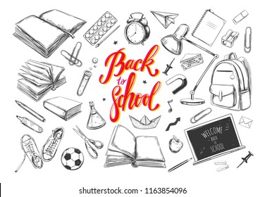 Back to school Supplies set banner. Isolated vector objects in sketch style