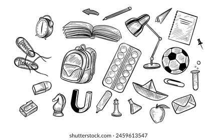 Back to school Supplies set banner. Isolated vector objects in sketch style