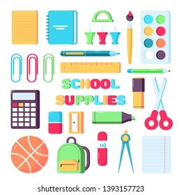 Back to school supplies set. Calculator, eraser, pens, brush, scissors, ruler, notebook, backpack, watercolor, ball, pin, marker, sharpener, flash drive. Office and student items