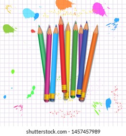 Back to school supplies. Set of colorful realistic pencils with rubber erasers isolated on abstract white background with grid pattern and paint splashes. Design element for banner, poster, flyer.