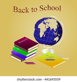 Back to school. supplies set with globe. Vector illustration.