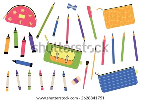 Back to school. School supplies set. School stationery: pencil cases, pencils, markers, wax crayons, colored pencils and pencils. Vector illustration.