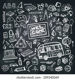 Back to School Supplies Sketchy chalkboard Doodles with  Swirls- Hand-Drawn.Square  Composition.Vector Illustration Design Elements on chalkboard Background.Teachers day