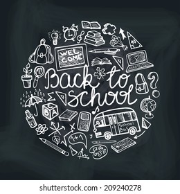 Back to School Supplies Sketchy chalkboard Doodles  lettering with  Swirls- Hand-Drawn.Circle  Composition.Vector Illustration Design Elements on chalkboard Background.Teachers day