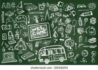 Back to School Supplies Sketchy chalkboard Doodles with  Swirls- Hand-Drawn.Horizontal Composition.Vector Illustration Design Elements on chalkboard Background.Teachers day
