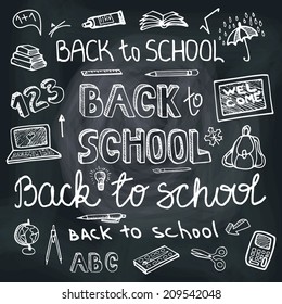 Back to School Supplies Sketchy chalkboard Doodles lettering with  Swirls- Hand-Drawn.Square  Composition.Vector Illustration Design Elements on chalkboard Background.Teachers day