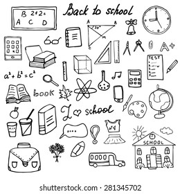 Back to School Supplies Sketchy Doodles set with Lettering, Hand Drawn Vector Illustration Design Elements isolated on white Background.