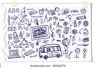 Back to School Supplies Sketchy Notebook Doodles with  Swirls- Hand-Drawn.Horizontal Composition.Vector Illustration Design Elements on Lined Sketchbook Paper Background.Teachers day