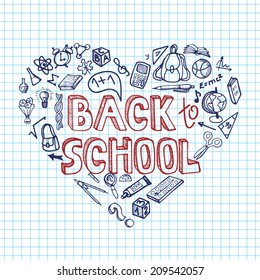 Back to School Supplies Sketchy Notebook Doodles with Lettering and Swirls- Hand-Drawn.Composition in heart.Vector Illustration Design Elements on Lined Sketchbook Paper Background.Teachers day