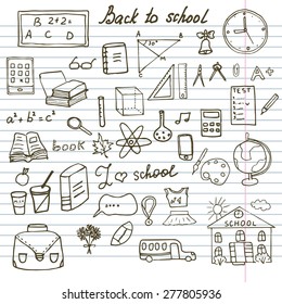 Back to School Supplies Sketchy Notebook Doodles with Lettering, Hand-Drawn Vector Illustration Design Elements on Lined Sketchbook Paper Background. 