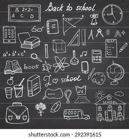 Back to School Supplies Sketchy Notebook Doodles set with Lettering, Hand-Drawn Vector Illustration Design Elements on Lined Sketchbook on chalkboard background.