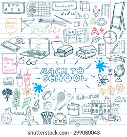 Back To School Supplies Sketchy Notebook Doodles Set With Lettering, Hand-Drawn Vector Illustration Design Elements On Lined Sketchbook On Chalkboard Background.