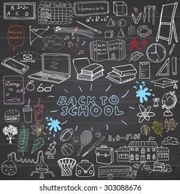 Back to School Supplies Sketchy Notebook Doodles set with Lettering, Hand-Drawn Vector Illustration Design Elements on Lined Sketchbook on chalkboard background.