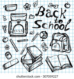 Back to School supplies sketchy notebook doodles with books, backpack, and stationery - Hand Drawn Vector Illustration
